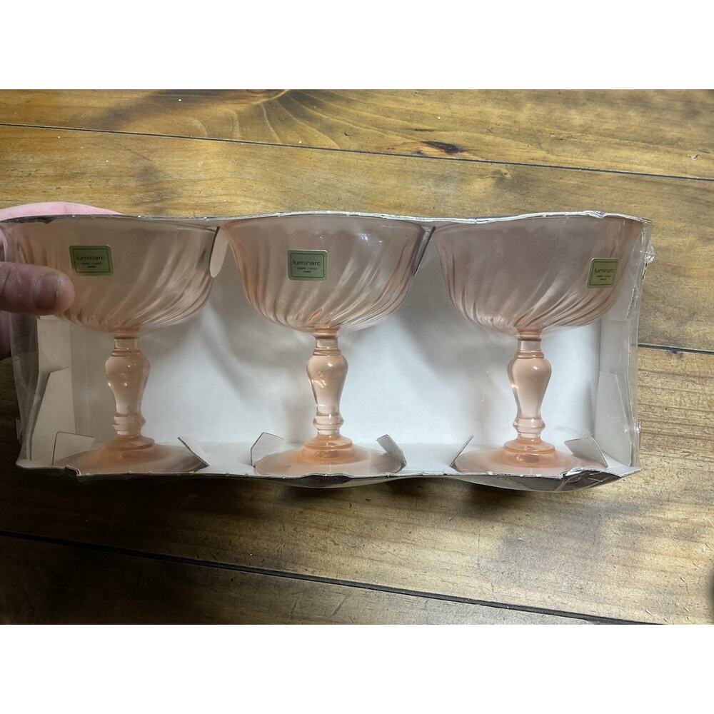 3 Luminarc France Rosaline Optical Pink Swirl Champagne / Sherbert Glasses Vtg
